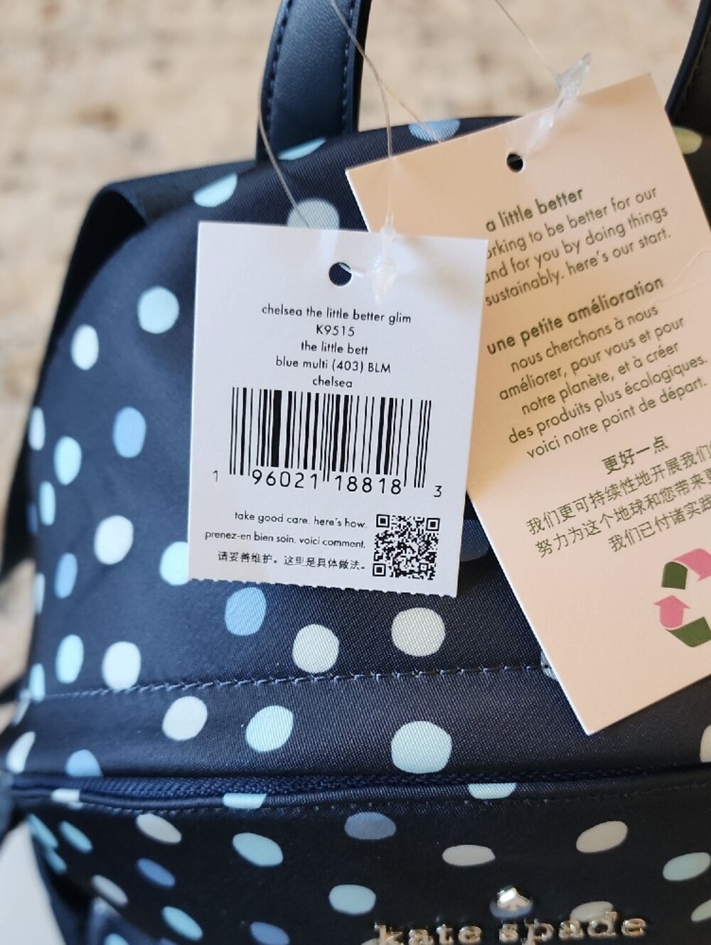 Kate Spade New York Chelsea Black Polka Dot Backpack. - Picture 7 of 12